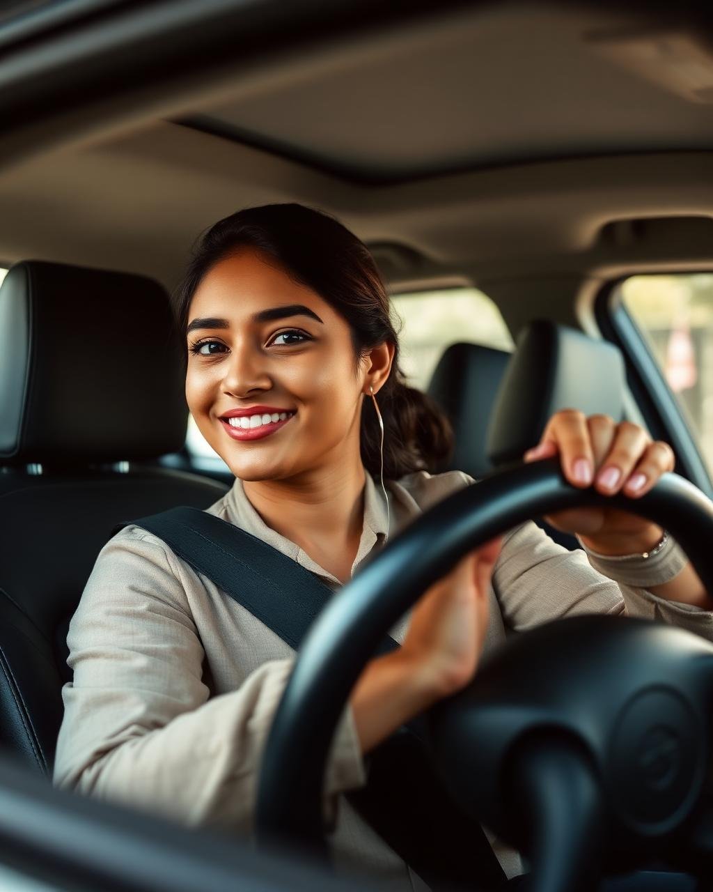 Woman learner driving confidently